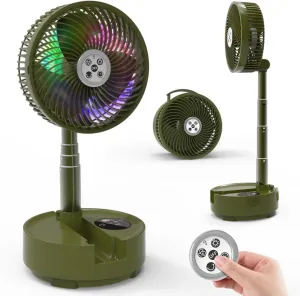 Foldable Oscillating Pedestal Fan with Remote, 8" USB C Rechargeable 20000mah Battery Powered Fan with LED Colorful Lights, Portable Floor Fan - Camping, Table, Home Travel Green