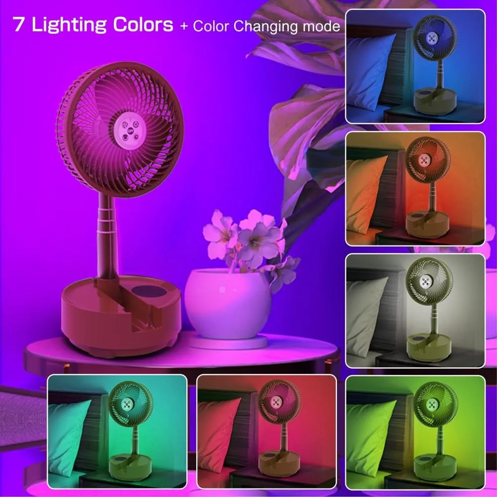 Foldable Oscillating Pedestal Fan with Remote, 8" USB C Rechargeable 20000mah Battery Powered Fan with LED Colorful Lights, Portable Floor Fan - Camping, Table, Home Travel Green