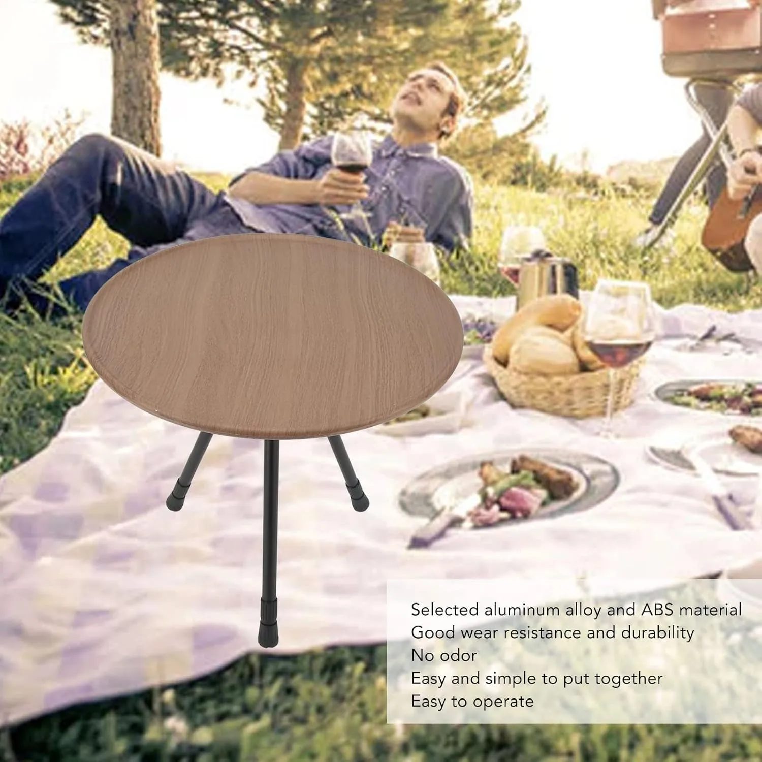 Folding Camping Round Table Aluminum Alloy Liftable Portable Picnic Camping Table for Self Driving RV Equipment Supplies (Wood Grain)