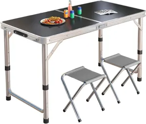 Folding Camping Table, Camp Table Adjustable Height, 47''L X23''W Portable Aluminum Dining Table for Picnic Camping (3 Heights) (Color : Black, Size : Table 2 Chairs)