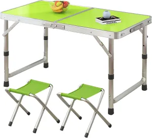 Folding Camping Table, Camp Table Adjustable Height, 47''L X23''W Portable Aluminum Dining Table for Picnic Camping (3 Heights) (Color : Green, Size : Table 2 Chairs)