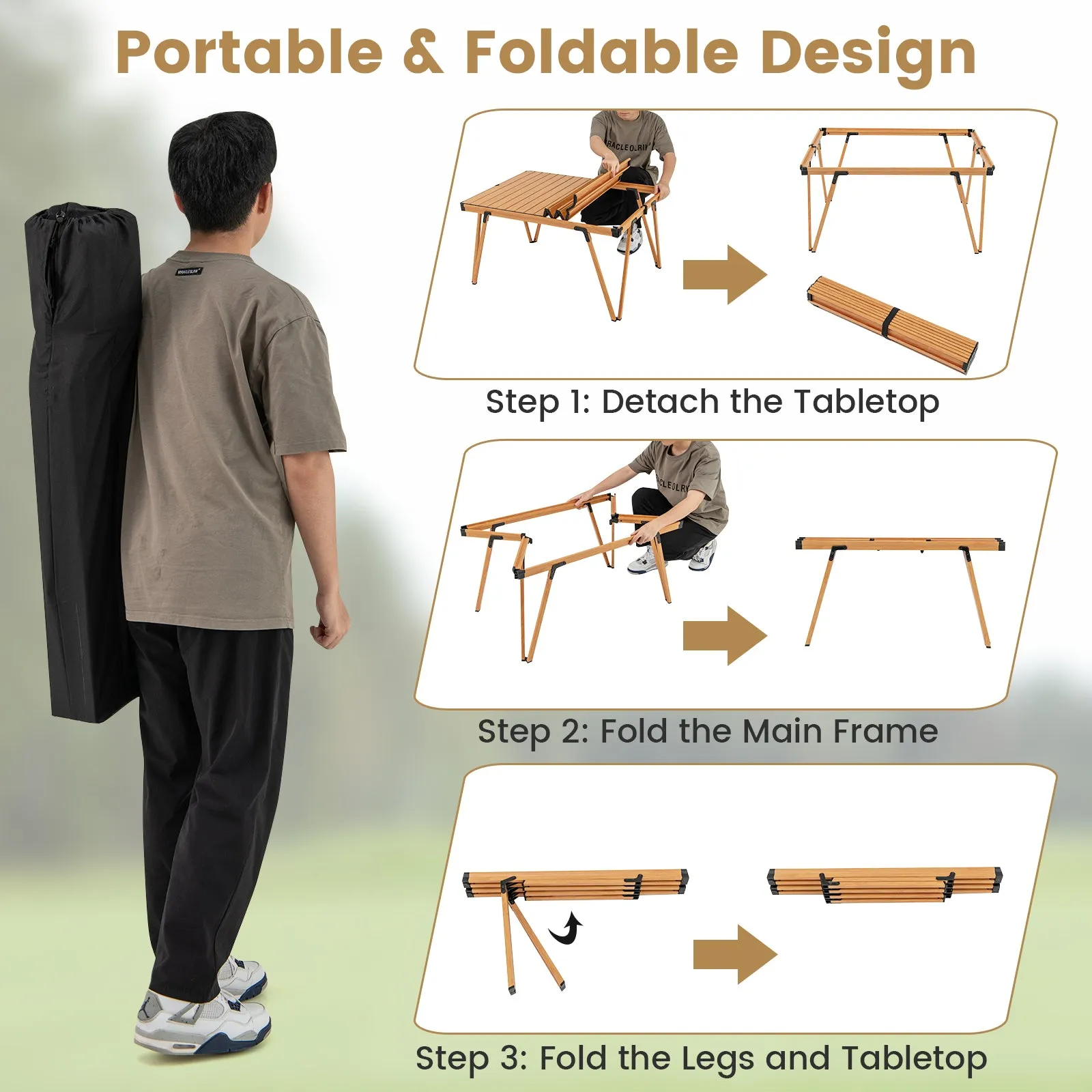 Folding Camping Table Picnic Table with Storage Bag and Waterproof Desktop-Brown