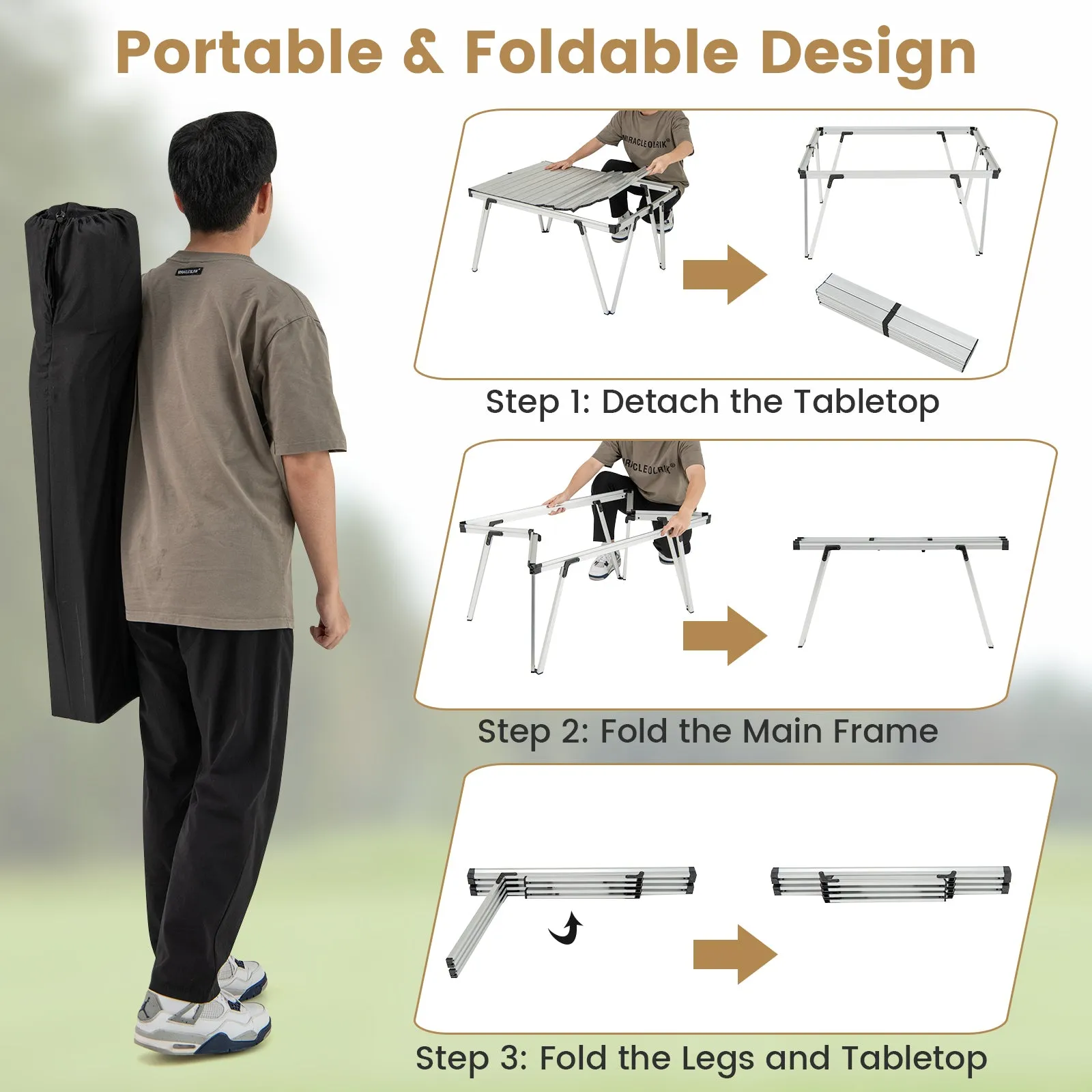 Folding Camping Table Picnic Table with Storage Bag and Waterproof Desktop-Silver