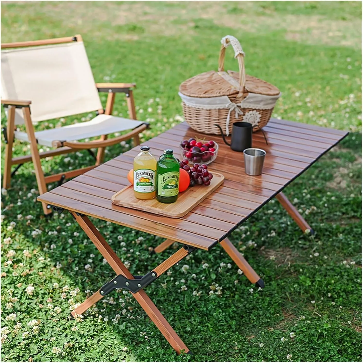 Folding Dining Table Aluminum Camping Picnic Egg Roll Camping air Outdoor Folding Table Portable (Color : Brown-M)
