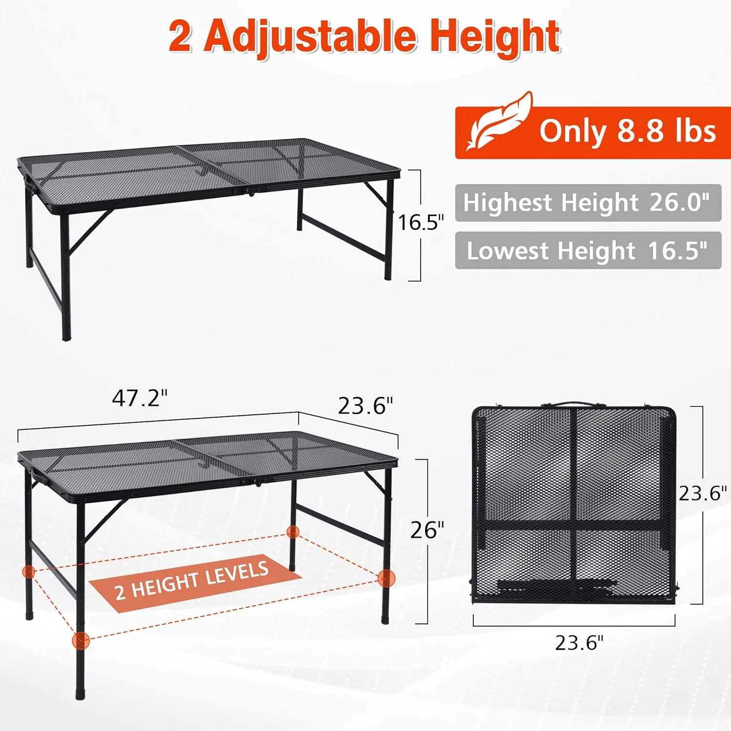 Folding Grill Table, 4x2 FT Portable Camping Table, Lightweight Height Adjustable Metal Tables with Mesh Desktop and Mesh Bag, Outdoor Tables for Camping, Picnic, Beach and BBQ, Black