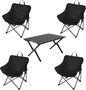 Folding Moon Stool Omelet Portable Table Camping Table and Chairs Backpack Suitable for Outdoor Camping Travel Beach Picnic Hiking 4 Chairs and Long Table-Deep Space Black