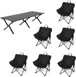 Folding Moon Stool Omelet Portable Table Camping Table and Chairs Backpack Suitable for Outdoor Camping Travel Beach Picnic Hiking 6 Chairs and Long Table-Deep Space Black
