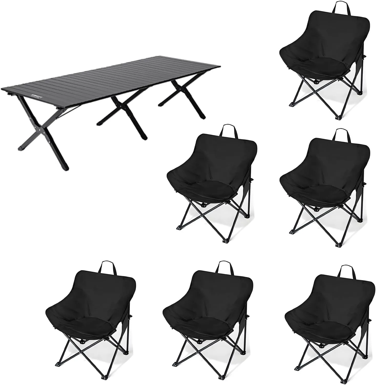 Folding Moon Stool Omelet Portable Table Camping Table and Chairs Backpack Suitable for Outdoor Camping Travel Beach Picnic Hiking 6 Chairs and Long Table-Deep Space Black