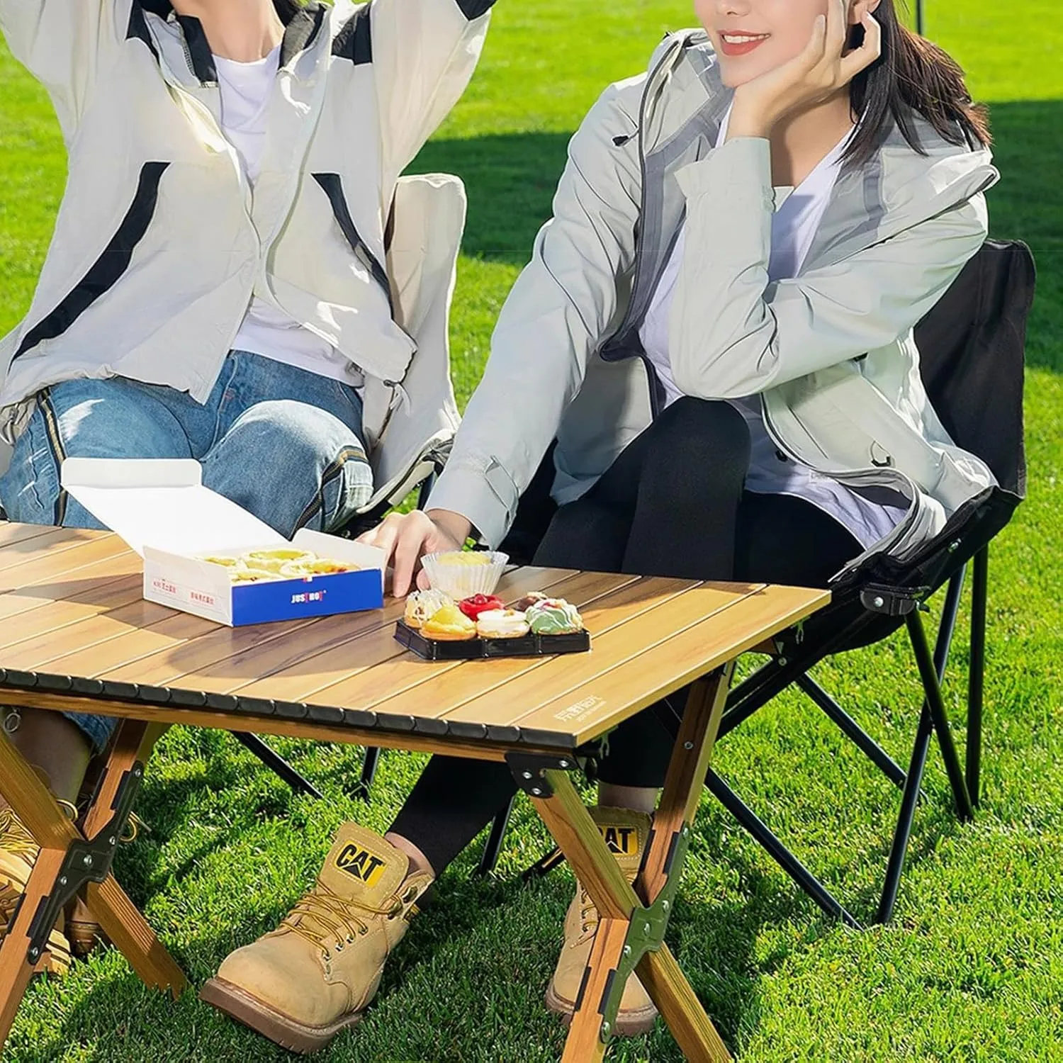 Folding Moon Stool Omelet Portable Table Camping Table and Chairs Backpack Suitable for Outdoor Camping Travel Beach Picnic Hiking 6 Chairs and Long Table-Deep Space Black