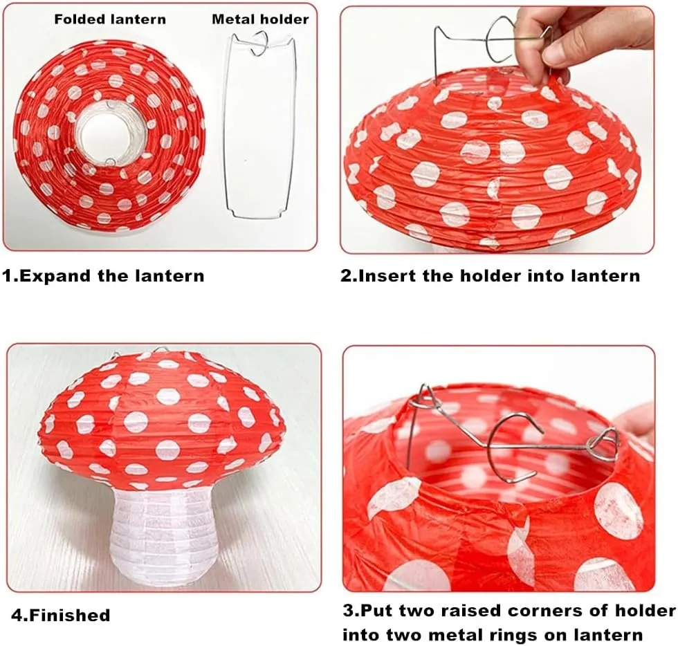 Folding Mushroom Paper Lantern Reusable Hanging Ornament Lamp Cover for Forest Garden Wonderland Theme Birthday Party Decoration Supplies (8 and 12 inches;8pcs)