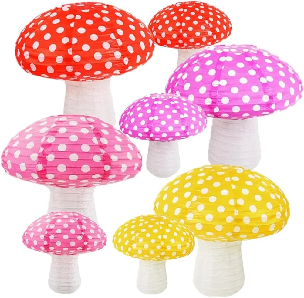 Folding Mushroom Paper Lantern Reusable Hanging Ornament Lamp Cover for Forest Garden Wonderland Theme Birthday Party Decoration Supplies (8 and 12 inches;8pcs)