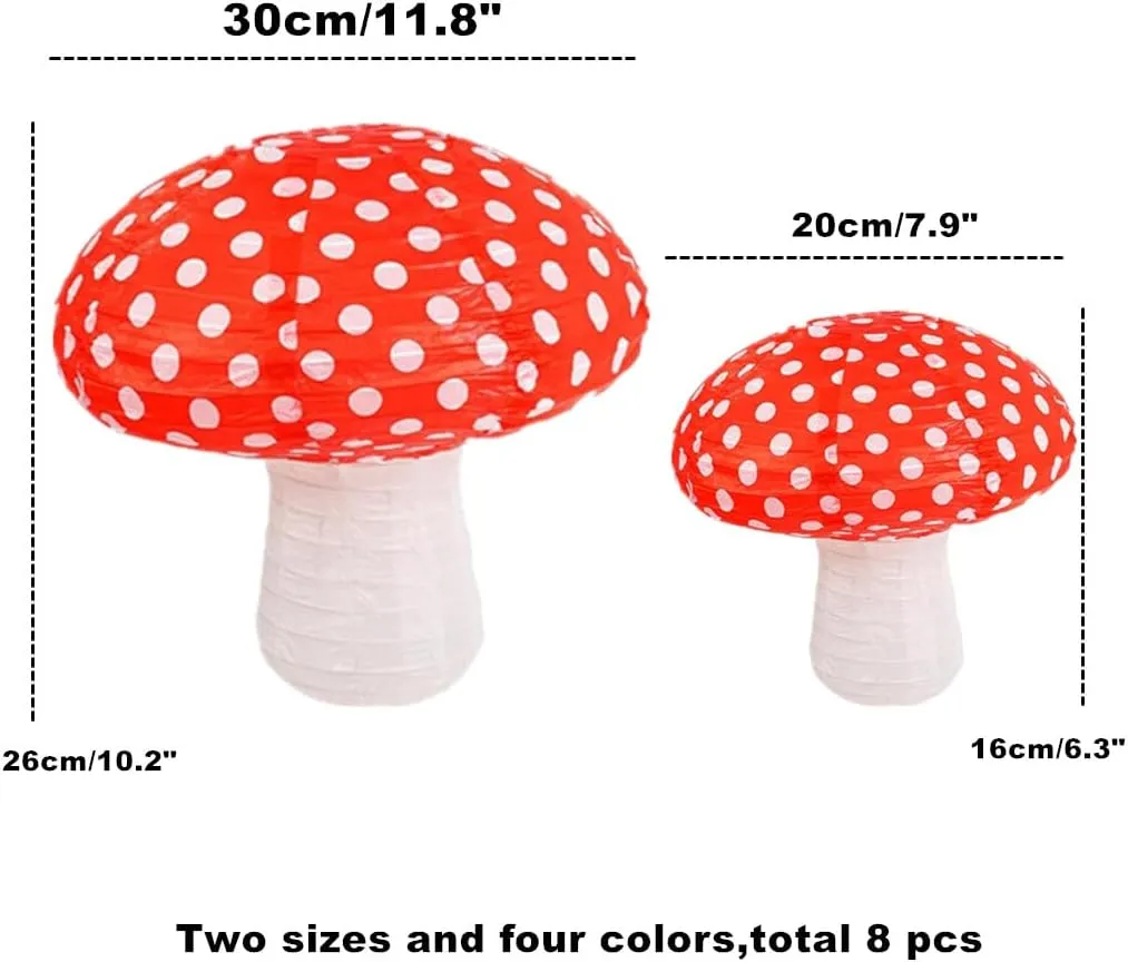 Folding Mushroom Paper Lantern Reusable Hanging Ornament Lamp Cover for Forest Garden Wonderland Theme Birthday Party Decoration Supplies (8 and 12 inches;8pcs)