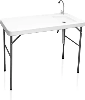 Folding Outdoor Camping Sink Station with Hose Hook Up, Heavy Duty Fillet Table with Faucet for Dock Beach Patio Picnic