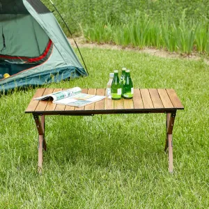 Folding Outdoor Table Lightweight Aluminum Roll-up Rectangular Design for Camping, Picnics, and Backyard Use, Brown