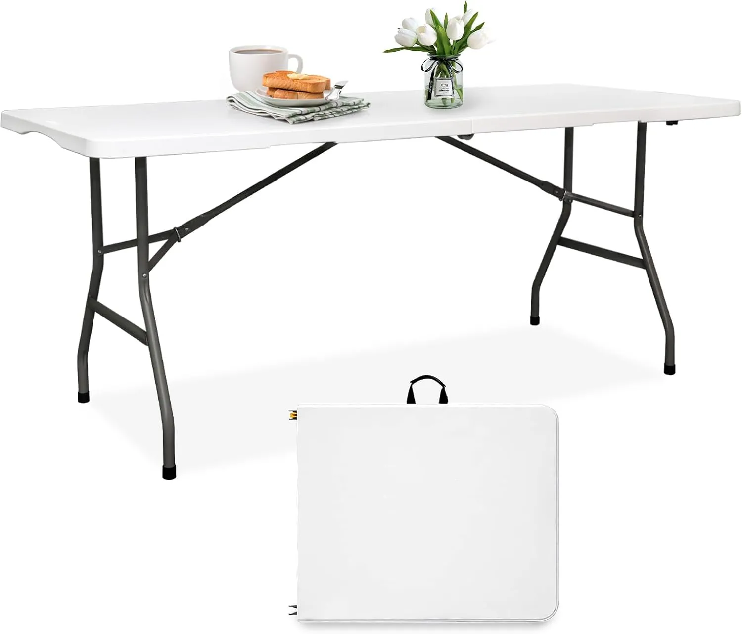 Folding Table HDPE 6FT Foldable Table Portable Banquet Surface Fold-in-Half Desk Utility for Working Meeting Parties, Picnic, Camping, Weddings, Catering, Garden Dining-White