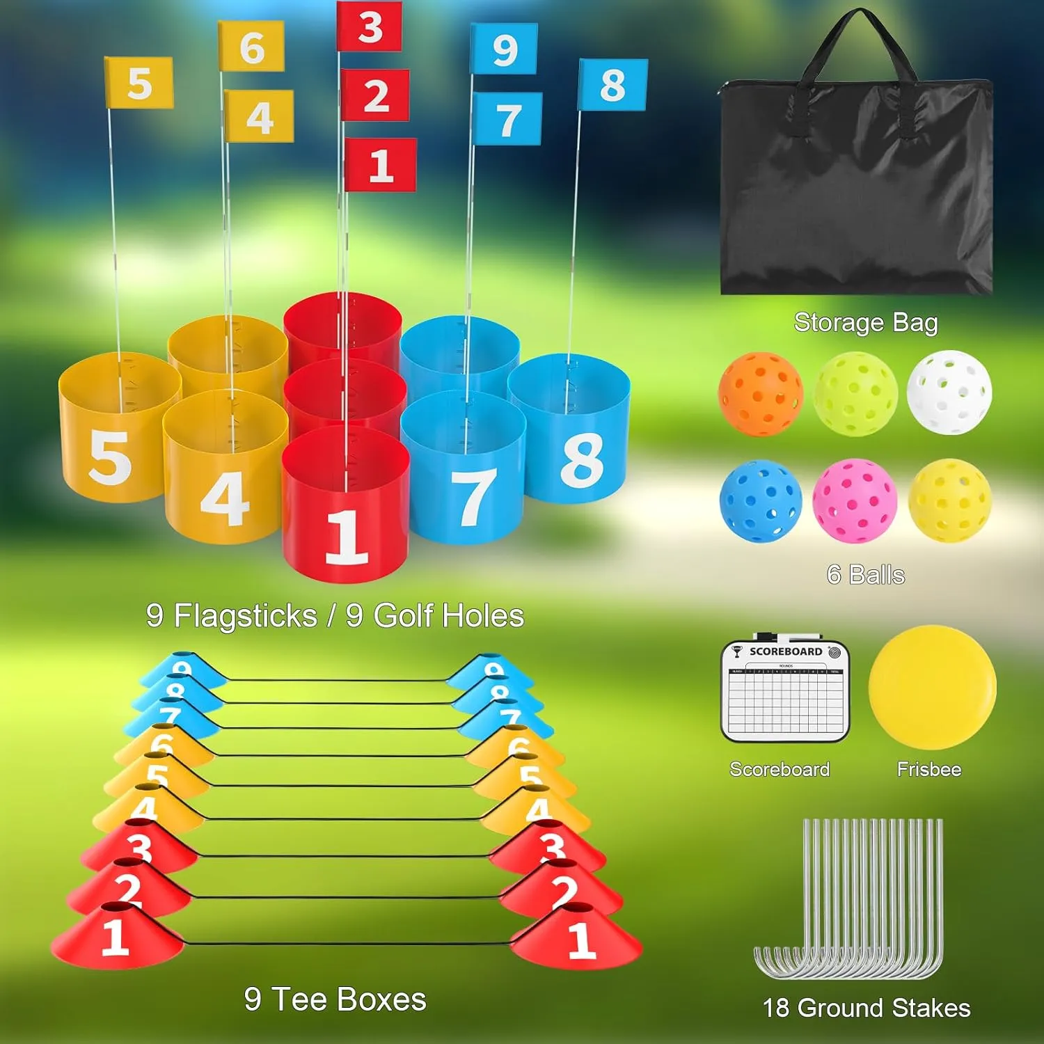FOOING Backyard Golf Set with Club, 9 Hole Game for Kids & Adults, Lawn, Beach, Yard, Camping, Park
