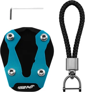 For CFMOTO 450MT MT450 IBEX 450 MT 2023-2025 Kickstand Base Plate Motorcycle Stand Pad and Keychain Set (Black Blue)
