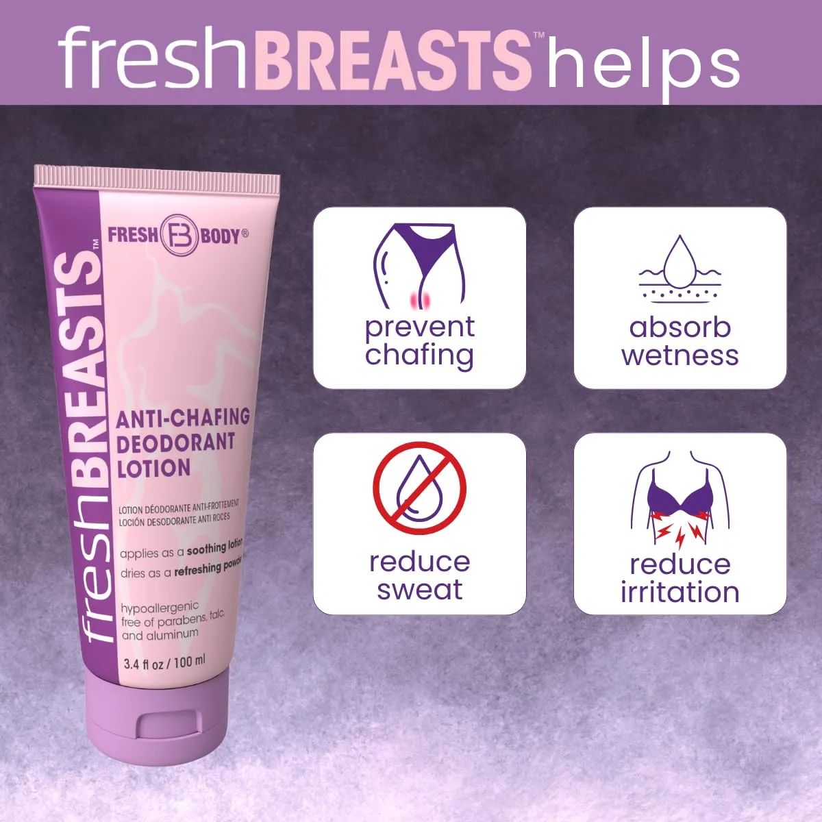 Fresh BREASTS Anti Chafing Deodorant Lotion to Powder, 3.4oz (2 Pack) - Anti Chafe Cream Whole Body Deodorant for Women, Inner Thighs & Areas that Sweat, No Talc, Aluminum and Fragrance