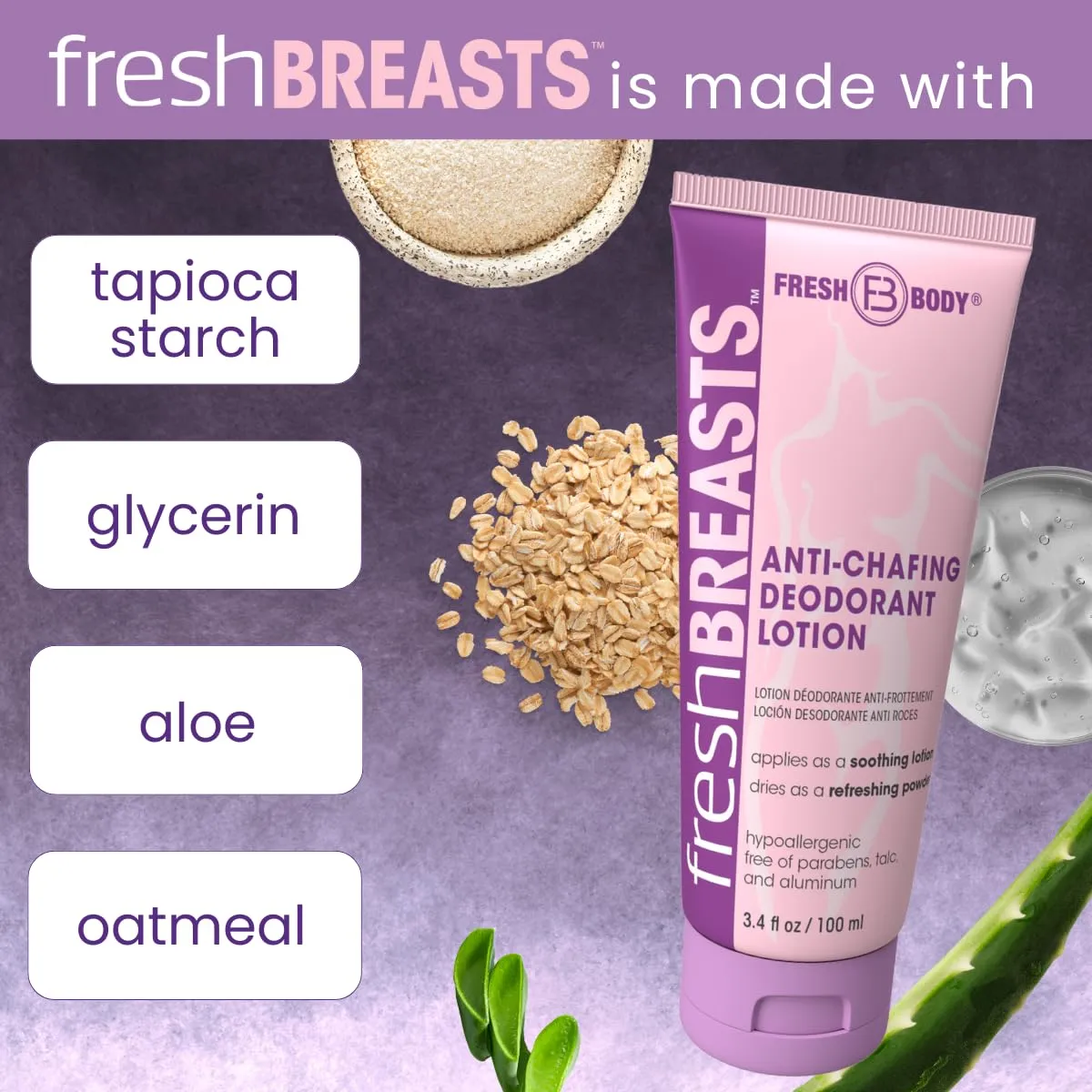 Fresh BREASTS Anti Chafing Deodorant Lotion to Powder, 3.4oz (2 Pack) - Anti Chafe Cream Whole Body Deodorant for Women, Inner Thighs & Areas that Sweat, No Talc, Aluminum and Fragrance