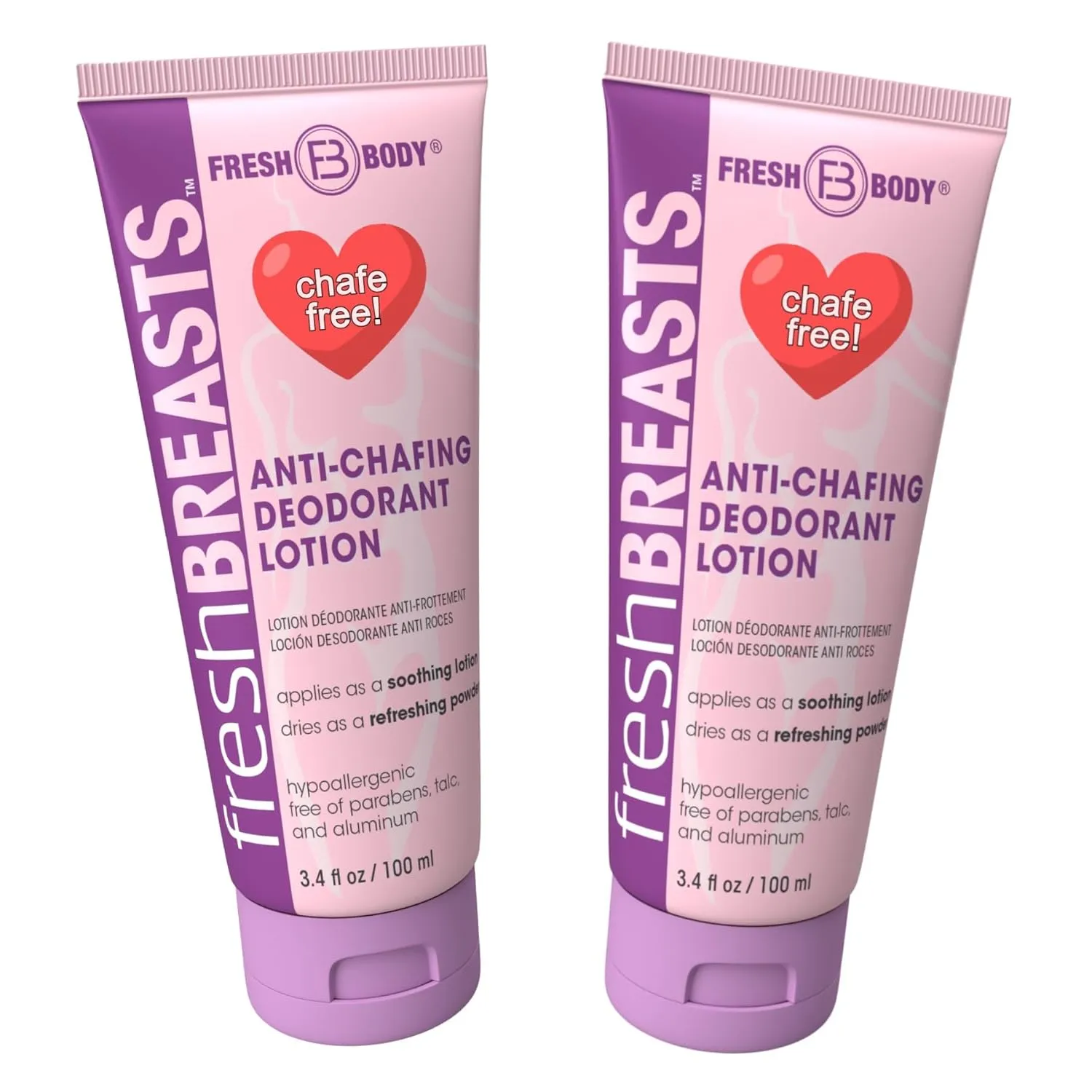 Fresh BREASTS Anti Chafing Deodorant Lotion to Powder, 3.4oz (2 Pack) - Anti Chafe Cream Whole Body Deodorant for Women, Inner Thighs & Areas that Sweat, No Talc, Aluminum and Fragrance