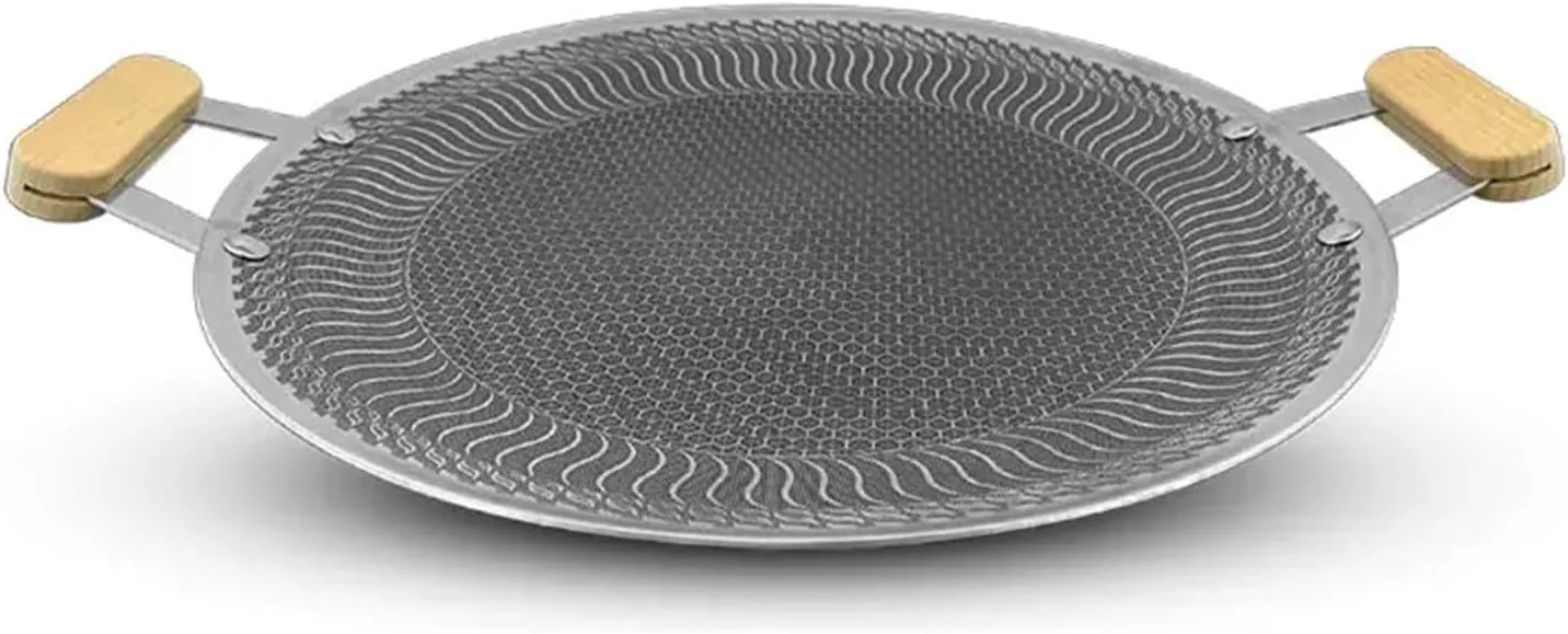 Frying Pan Non-Stick Round Baking Pan, Korean BBQ Grill Pan with Wood Handle, for Indoor Outdoor Stovetop Grilling, Frying, Sauteing,34cm