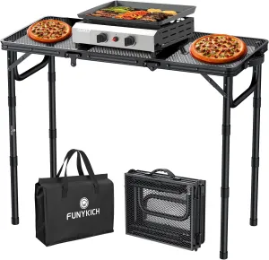 FUNYKICH 3ft Folding Grill Table for Outside, 3 Height Adjustable Portable Camping Tables, Lightweight Metal Aluminum Outdoor Table with Carry Handle for Camping, Picnic, BBQ, 34.2''x15.7'', Black