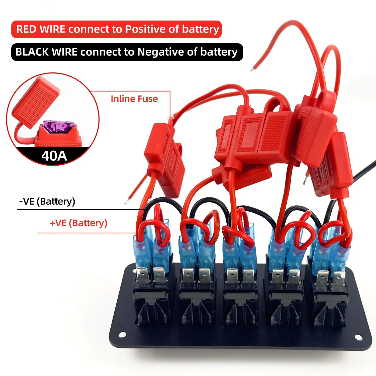 FXC Pre-Wired 5 Gang Rocker Switch Aluminum Panel with 40A Inline Fuse, Waterproof 6-Pin On-Off Car Boat Switch, Blue LED Switch Panel for Marine Boat Automotive RV Truck ATV Vehicles 12V/24V
