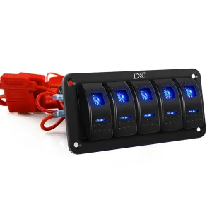 FXC Pre-Wired 5 Gang Rocker Switch Aluminum Panel with 40A Inline Fuse, Waterproof 6-Pin On-Off Car Boat Switch, Blue LED Switch Panel for Marine Boat Automotive RV Truck ATV Vehicles 12V/24V