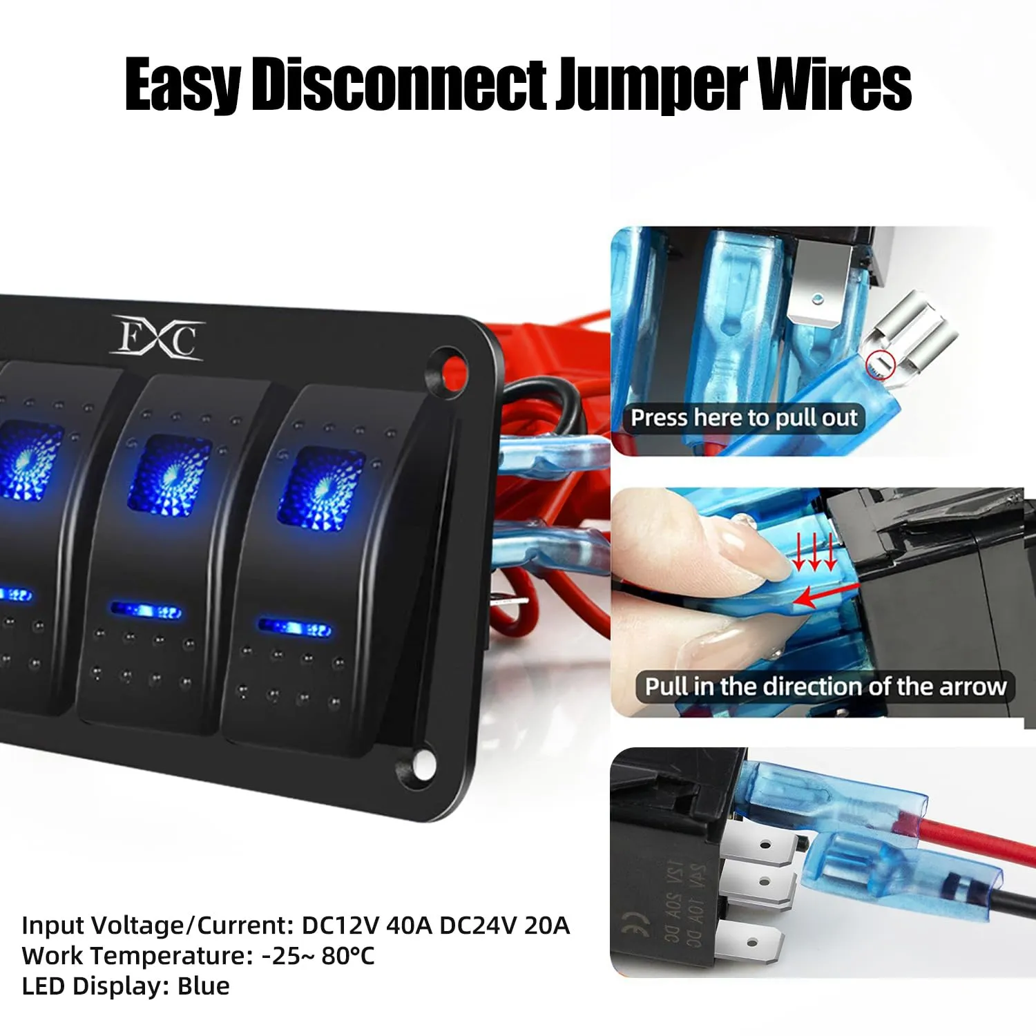 FXC Pre-Wired 5 Gang Rocker Switch Aluminum Panel with 40A Inline Fuse, Waterproof 6-Pin On-Off Car Boat Switch, Blue LED Switch Panel for Marine Boat Automotive RV Truck ATV Vehicles 12V/24V
