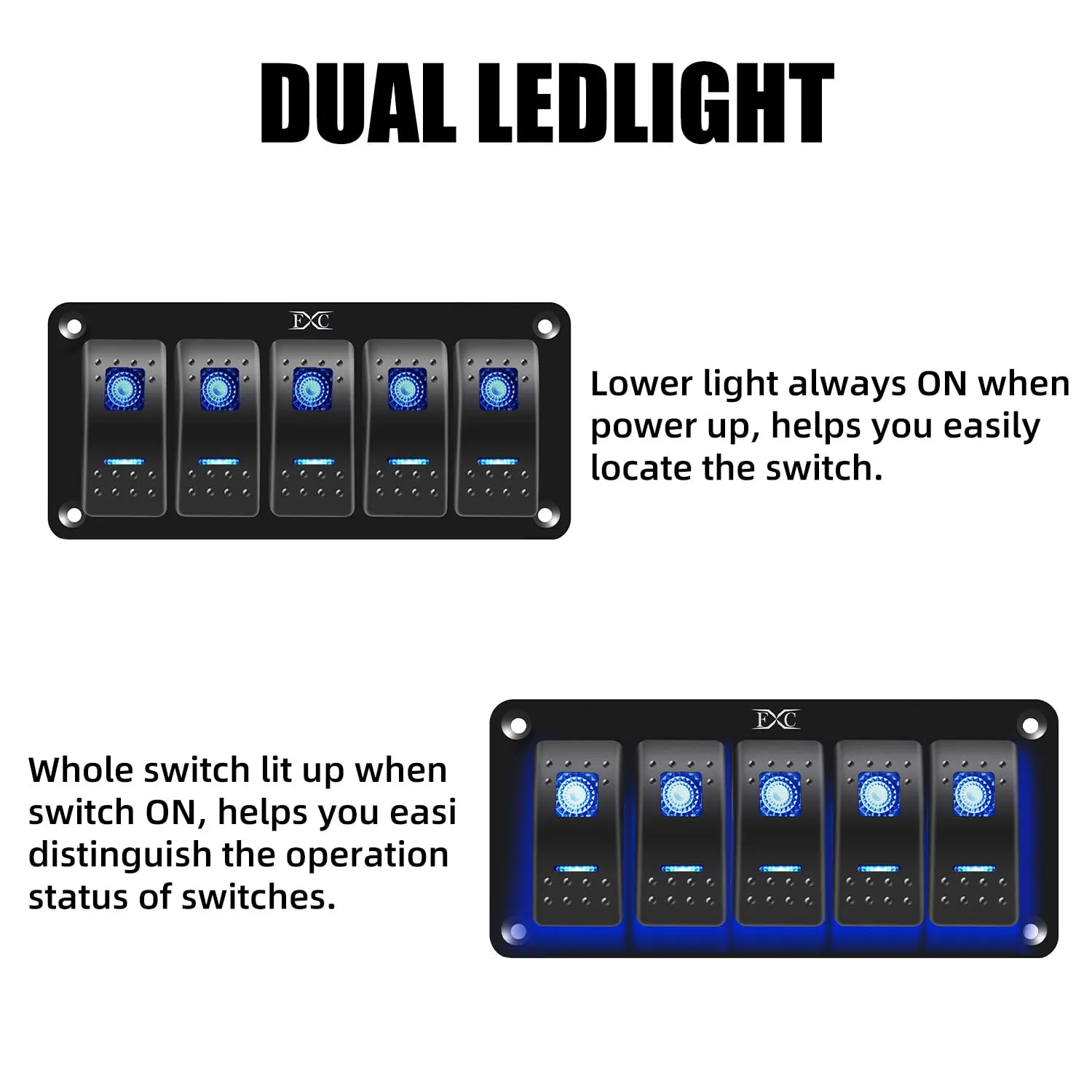 FXC Pre-Wired 5 Gang Rocker Switch Aluminum Panel with 40A Inline Fuse, Waterproof 6-Pin On-Off Car Boat Switch, Blue LED Switch Panel for Marine Boat Automotive RV Truck ATV Vehicles 12V/24V