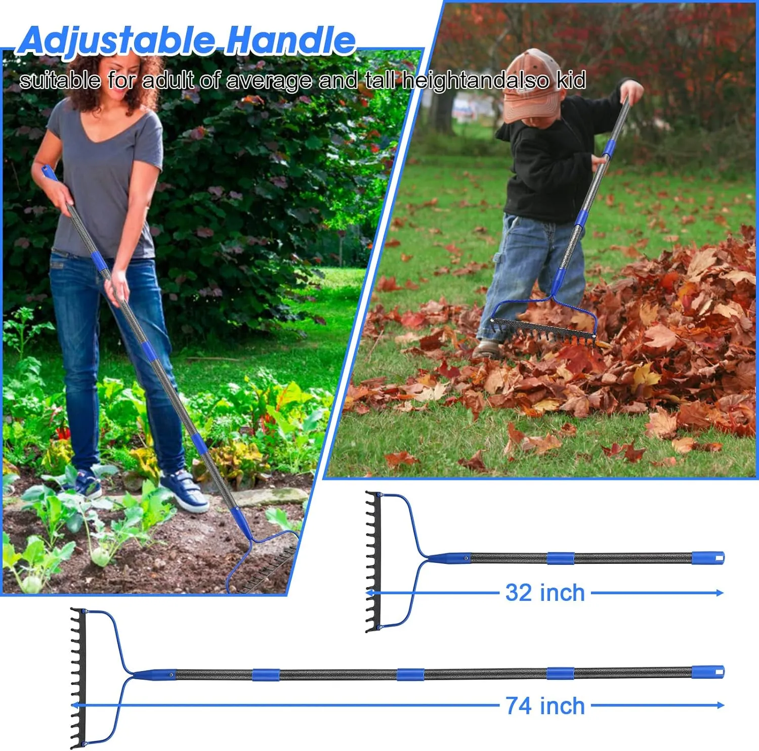 Garden Bow Rake,Heavy Duty Garden Rake 6FT Long Stainless Steel Handle with 14 Tines Thatch Rake,Professional Lawn Rake to Collect Leaf & Poop Among Yards