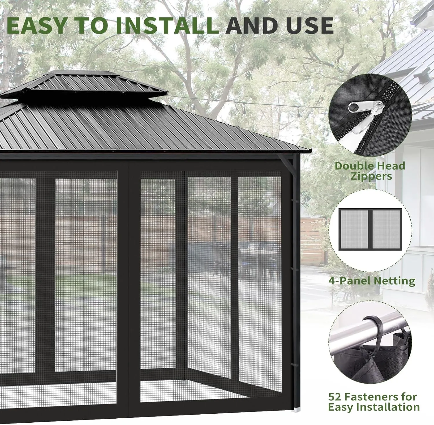 Gazebo Universal Replacement Mosquito Netting, 10' x 10' Outdoor Canopy Net Screen 4-Panel Sidewall Gazebo Curtains, with Zippers, Easy to Install, Fit for Most Gazebo 10x10 Canopy，Patio （Black）