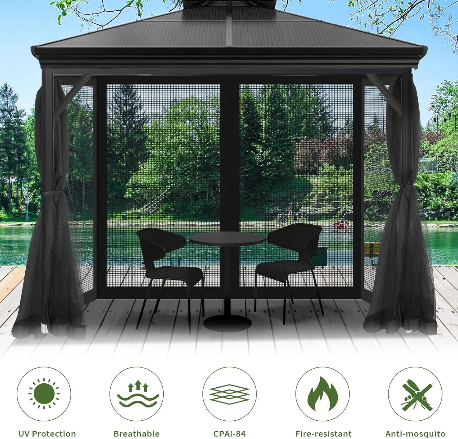 Gazebo Universal Replacement Mosquito Netting, 10' x 10' Outdoor Canopy Net Screen 4-Panel Sidewall Gazebo Curtains, with Zippers, Easy to Install, Fit for Most Gazebo 10x10 Canopy，Patio （Black）