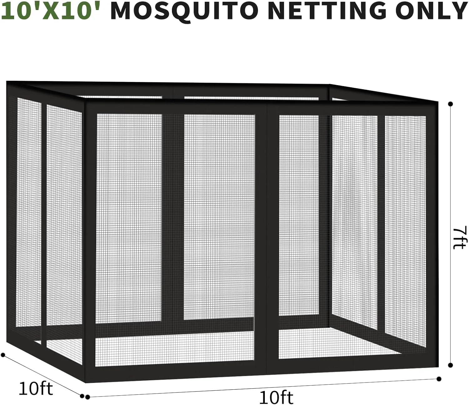 Gazebo Universal Replacement Mosquito Netting, 10' x 10' Outdoor Canopy Net Screen 4-Panel Sidewall Gazebo Curtains, with Zippers, Easy to Install, Fit for Most Gazebo 10x10 Canopy，Patio （Black）