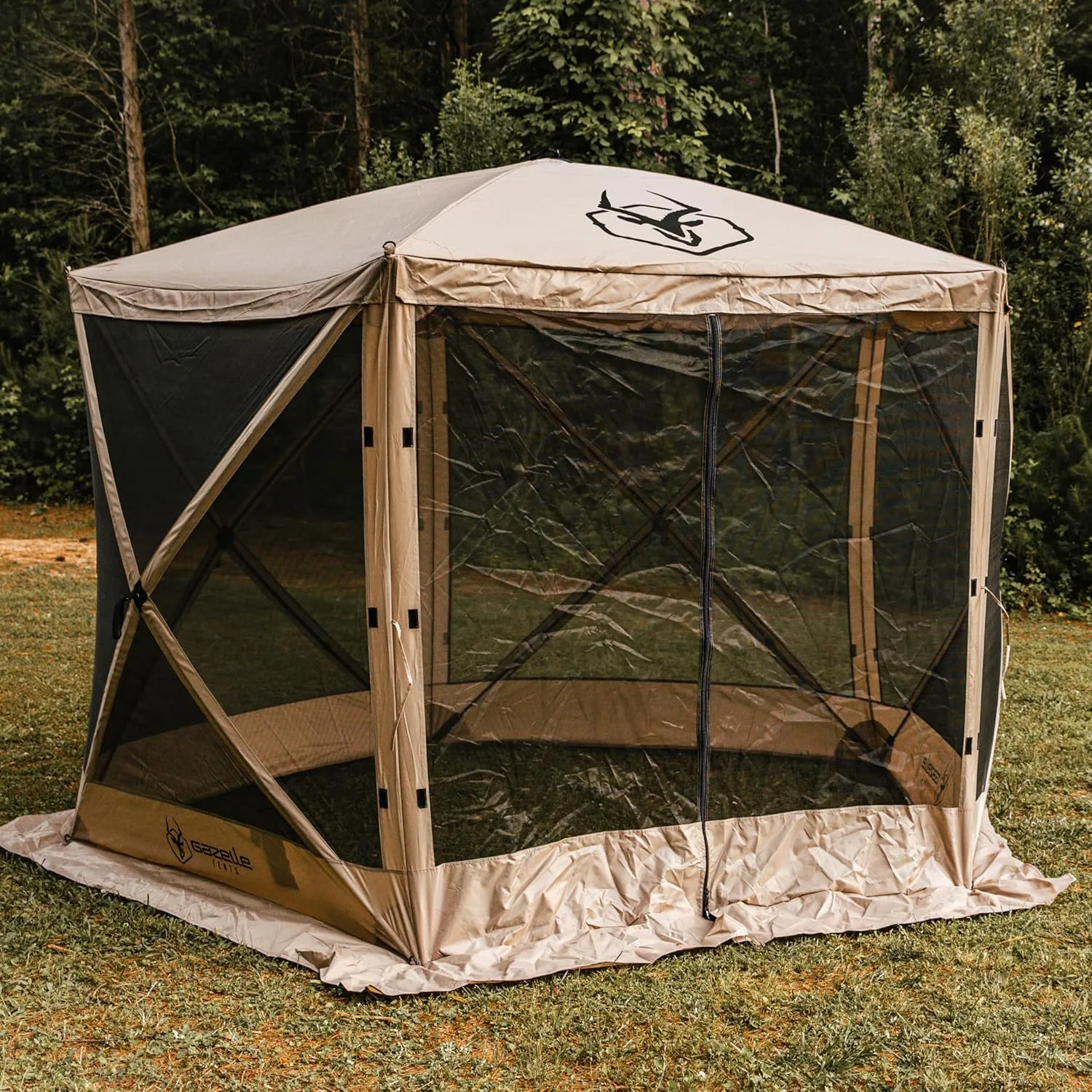 Gazelle Tents™, G5 5-Sided Portable Gazebo, Easy Pop-Up Hub Screen Tent, Durable, TriTech Mesh, Waterproof, UV Resistant, 4-Person & Table, Desert Sand, 85" x 115" x 106", GG502DS