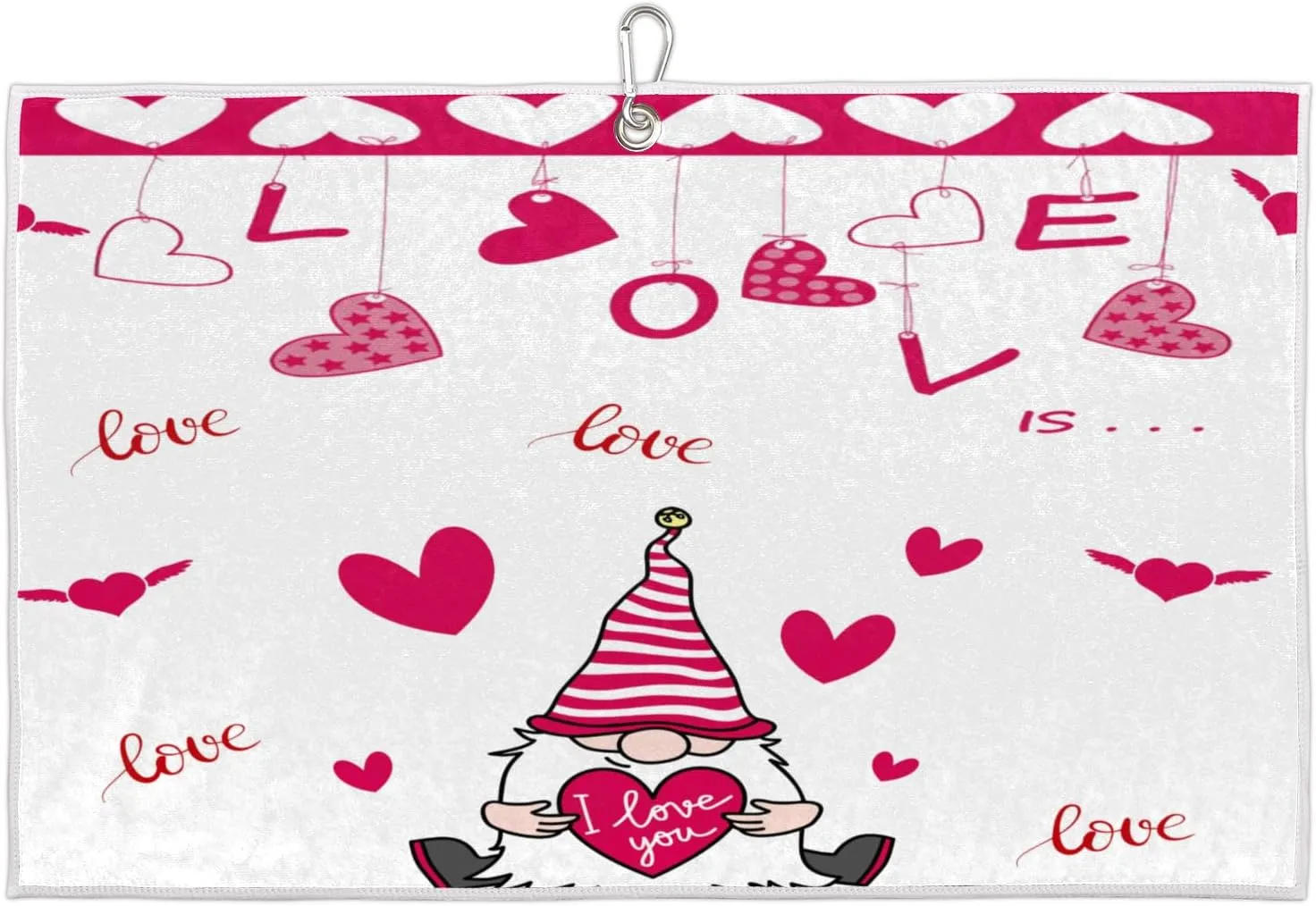 Gnome Love Valentine Golf Towel with Heavy Duty Carabiner Ultra Absorbent Quick Dry Perfect for Cleaning Clubs Balls Gear Essential Golf Accessory for Men Women Kids