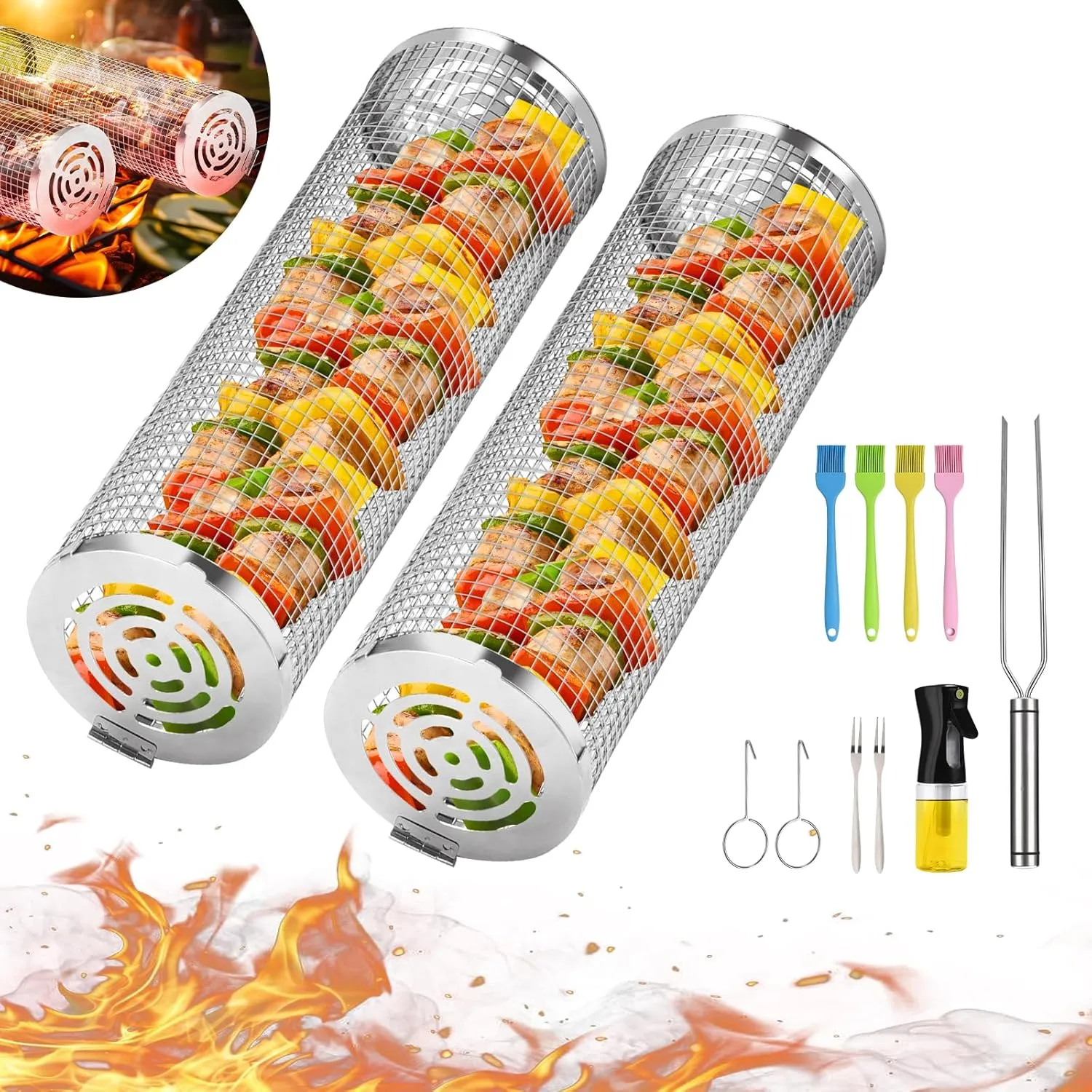 Grill Basket, Rolling Grilling Baskets, Stainless Steel Grill Mesh, Barbeque Grill Accessories, Portable Outdoor Camping BBQ Rack for Meat, Shrimp, and Vegetables., sliver