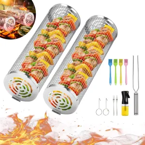 Grill Basket, Rolling Grilling Baskets, Stainless Steel Grill Mesh, Barbeque Grill Accessories, Portable Outdoor Camping BBQ Rack for Meat, Shrimp, and Vegetables., sliver