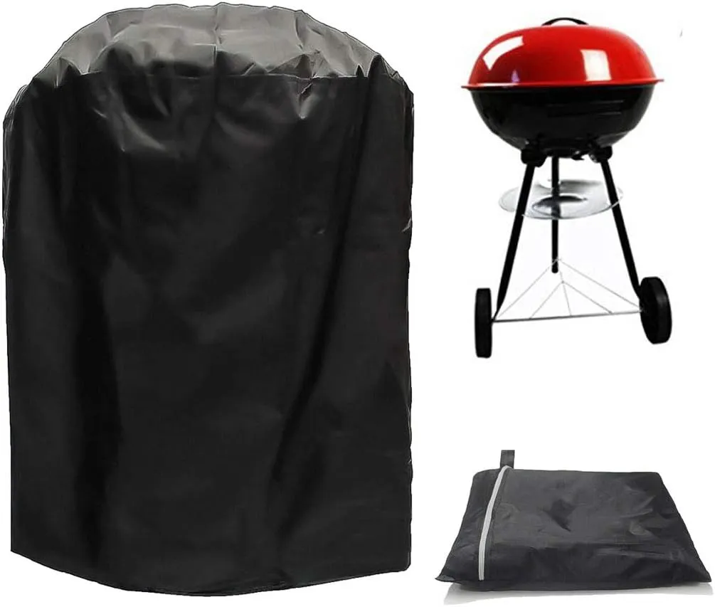 Grill Covers,FLR Black Round Waterproof Dust-Proof Fading Resistant BBQ Grill Covers Protection Patio Garden Gas Cover with Storage Bag & Elastic Strap for Kettle Style Barbecue Grill