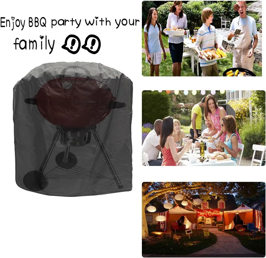 Grill Covers,FLR Black Round Waterproof Dust-Proof Fading Resistant BBQ Grill Covers Protection Patio Garden Gas Cover with Storage Bag & Elastic Strap for Kettle Style Barbecue Grill