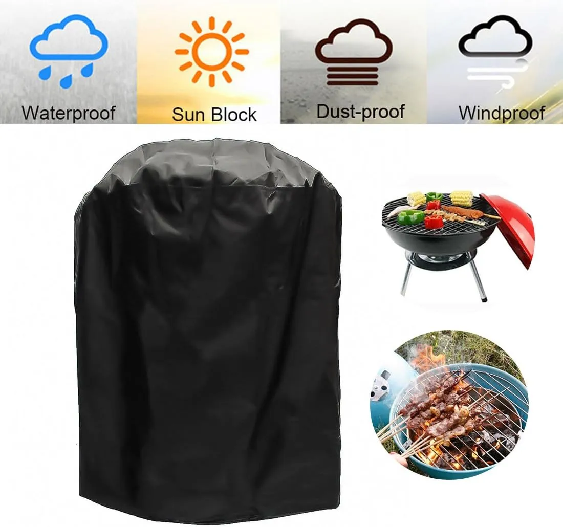 Grill Covers,FLR Black Round Waterproof Dust-Proof Fading Resistant BBQ Grill Covers Protection Patio Garden Gas Cover with Storage Bag & Elastic Strap for Kettle Style Barbecue Grill