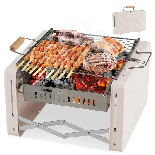Grill Dishwasher-safe with Charcoal Durable materials Grids and Grill Folding Charcoal Box-Beige Free worldwide shipping BBQ