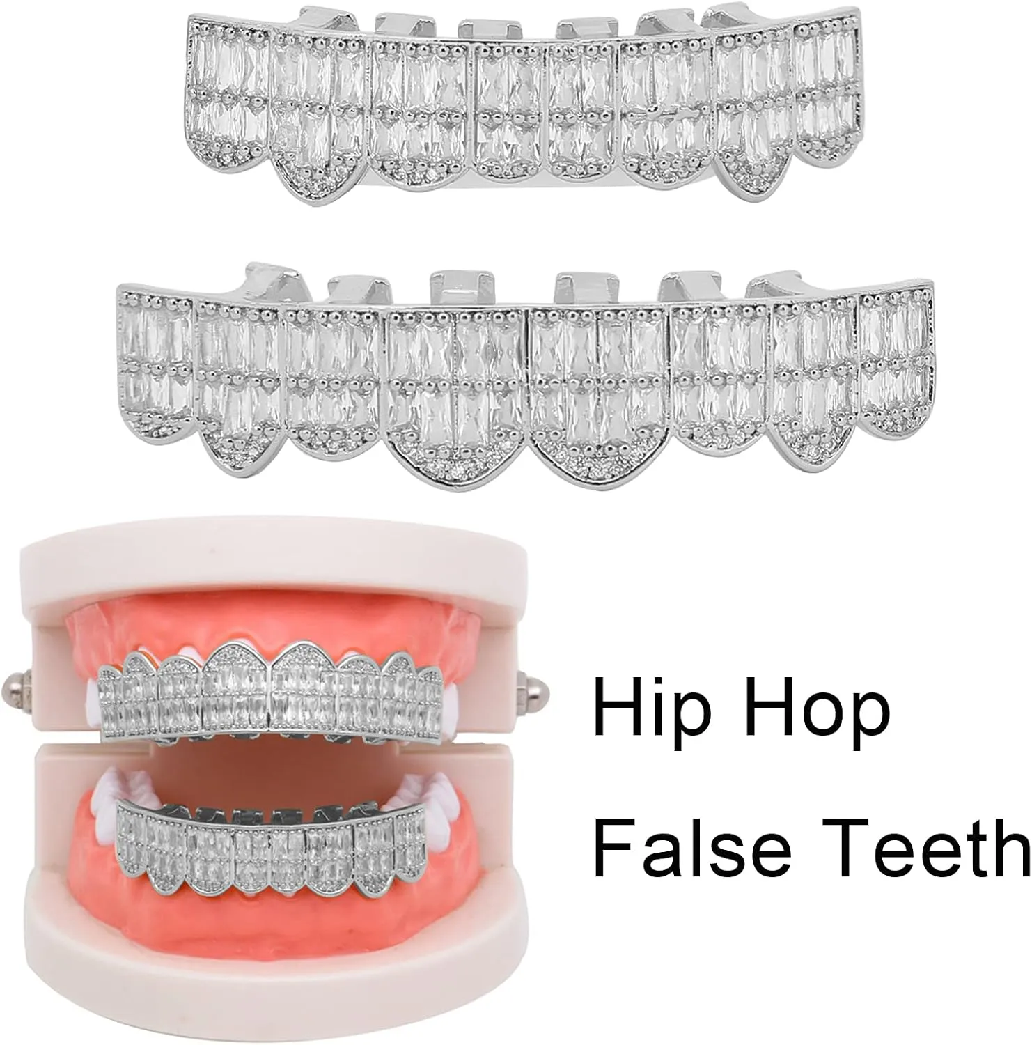 Grillz Braces, Hip Hop Teeth Grill Set Braces, Cold Coated Copper Grillz Teeth Set Bling Grillz Teeth Decoration for Party Halloween Festival(Silver)