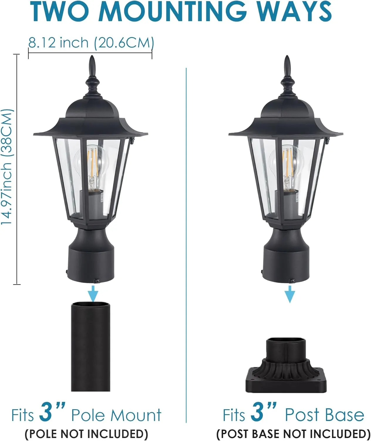 GRUENLICH Outdoor Post Lighting Fixture Pole Lantern, E26 Medium Base Max 60W, Aluminum Housing Plus Glass, Bulb Not Included, Black Finish, 1 Pack