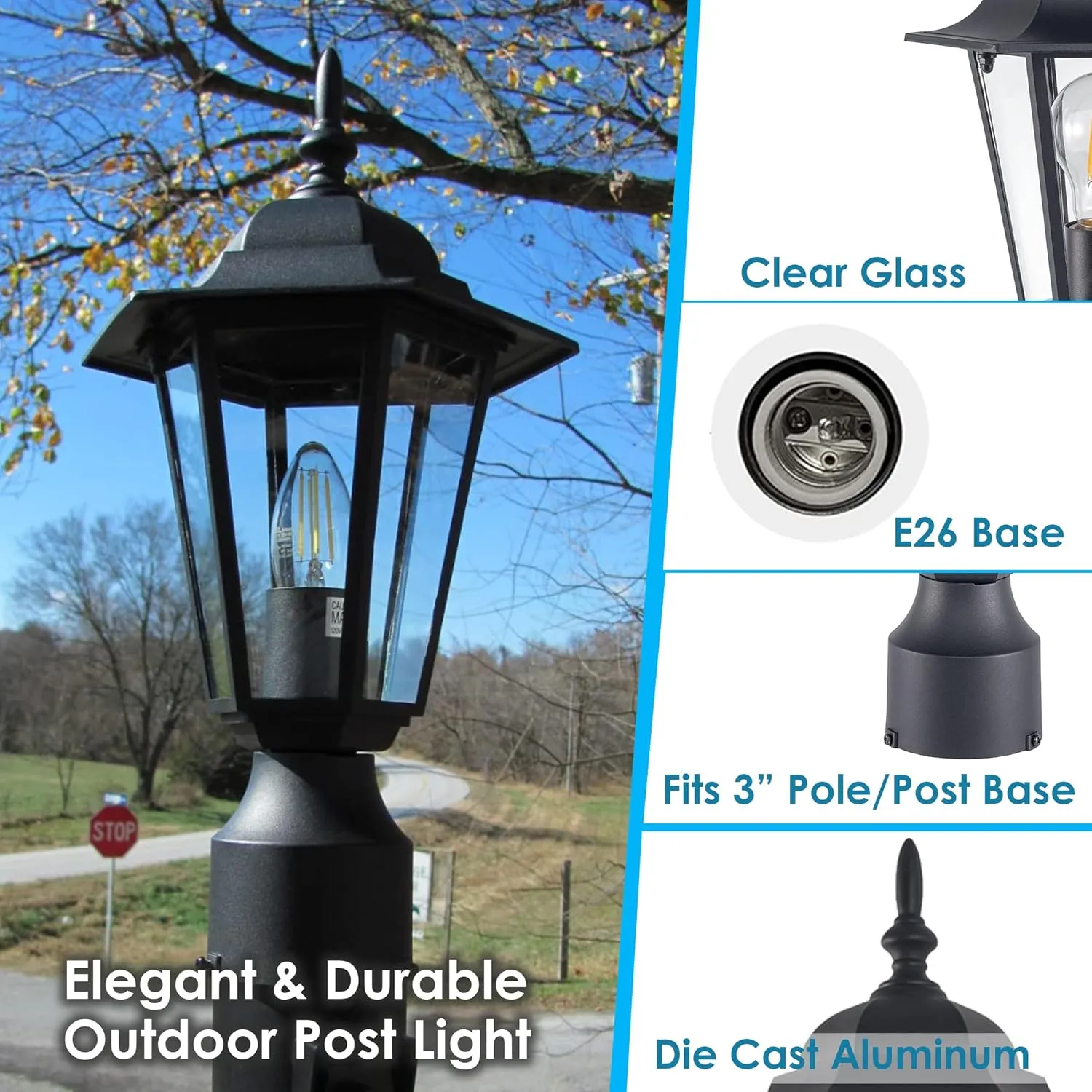 GRUENLICH Outdoor Post Lighting Fixture Pole Lantern, E26 Medium Base Max 60W, Aluminum Housing Plus Glass, Bulb Not Included, Black Finish, 1 Pack