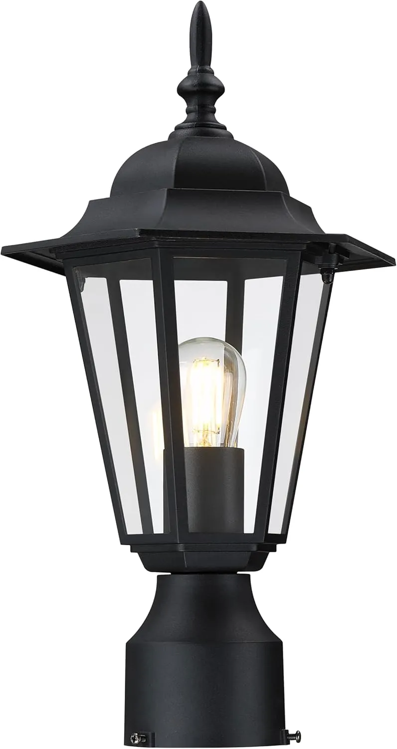 GRUENLICH Outdoor Post Lighting Fixture Pole Lantern, E26 Medium Base Max 60W, Aluminum Housing Plus Glass, Bulb Not Included, Black Finish, 1 Pack
