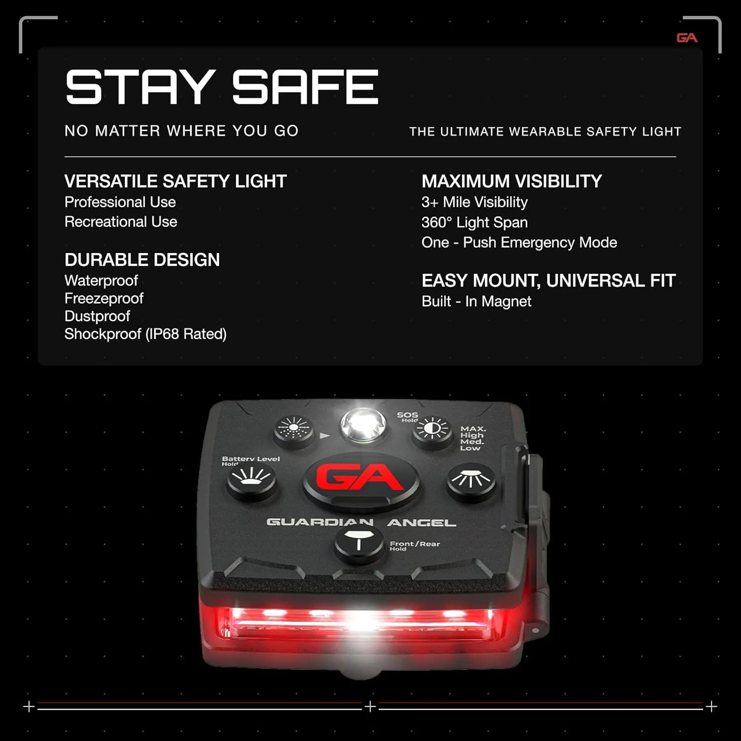 Guardian Angel Micro Series Safety Lights, Beacon Device (Red Front & Green Rear) | Rechargeable, Magnetic & Hands-Free Wearable LED Light for Dog Walking, Cycling, Camping & Kayak