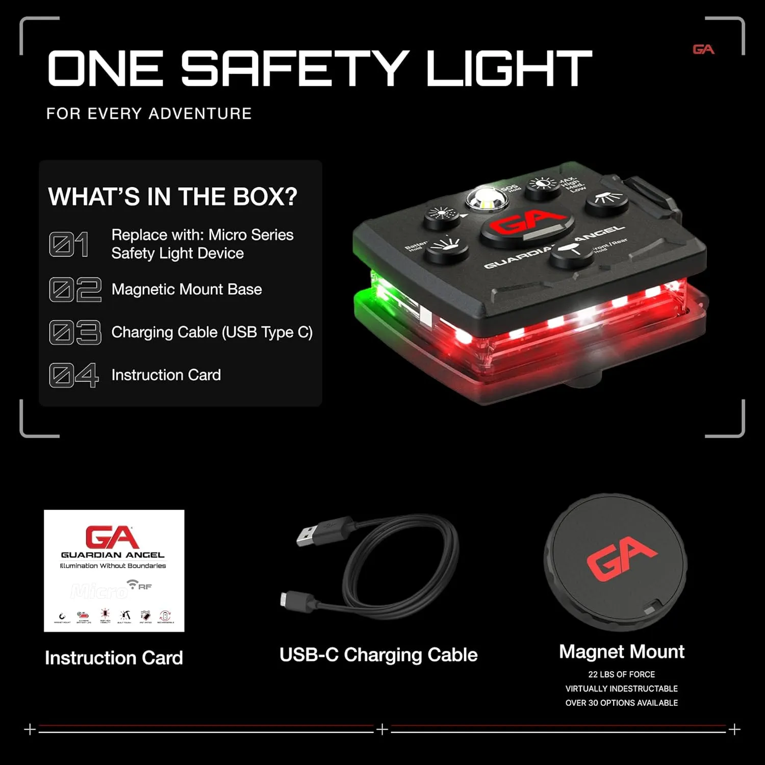 Guardian Angel Micro Series Safety Lights, Beacon Device (Red Front & Green Rear) | Rechargeable, Magnetic & Hands-Free Wearable LED Light for Dog Walking, Cycling, Camping & Kayak