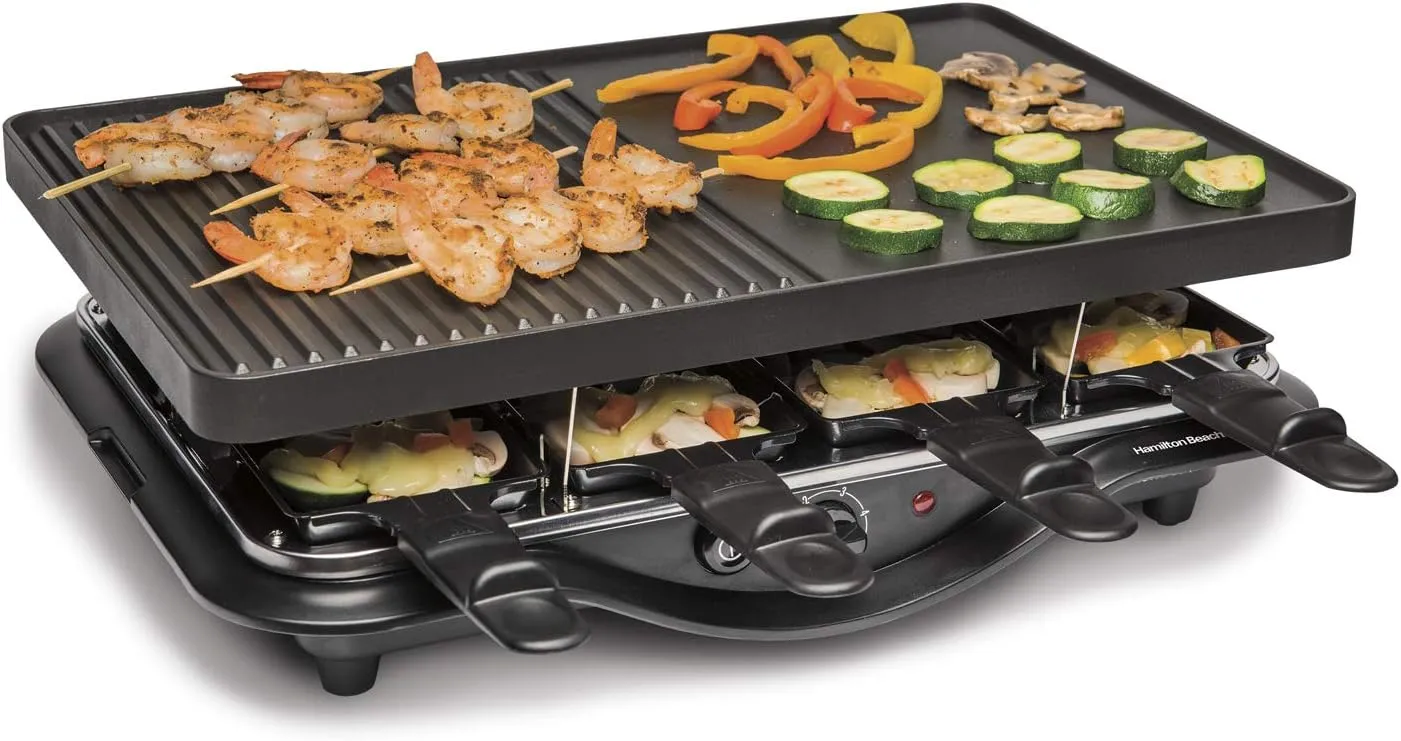 Hamilton Beach Electric Indoor Raclette Table Grill, PFAS-Free Serves up to 8 People for Parties and Family Fun, Includes 8 Warming Trays, Black (31612MN-MX), 200 sq. in. Nonstick Griddle