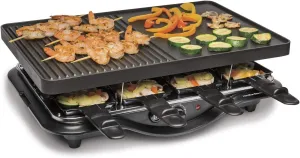 Hamilton Beach Electric Indoor Raclette Table Grill, PFAS-Free Serves up to 8 People for Parties and Family Fun, Includes 8 Warming Trays, Black (31612MN-MX), 200 sq. in. Nonstick Griddle
